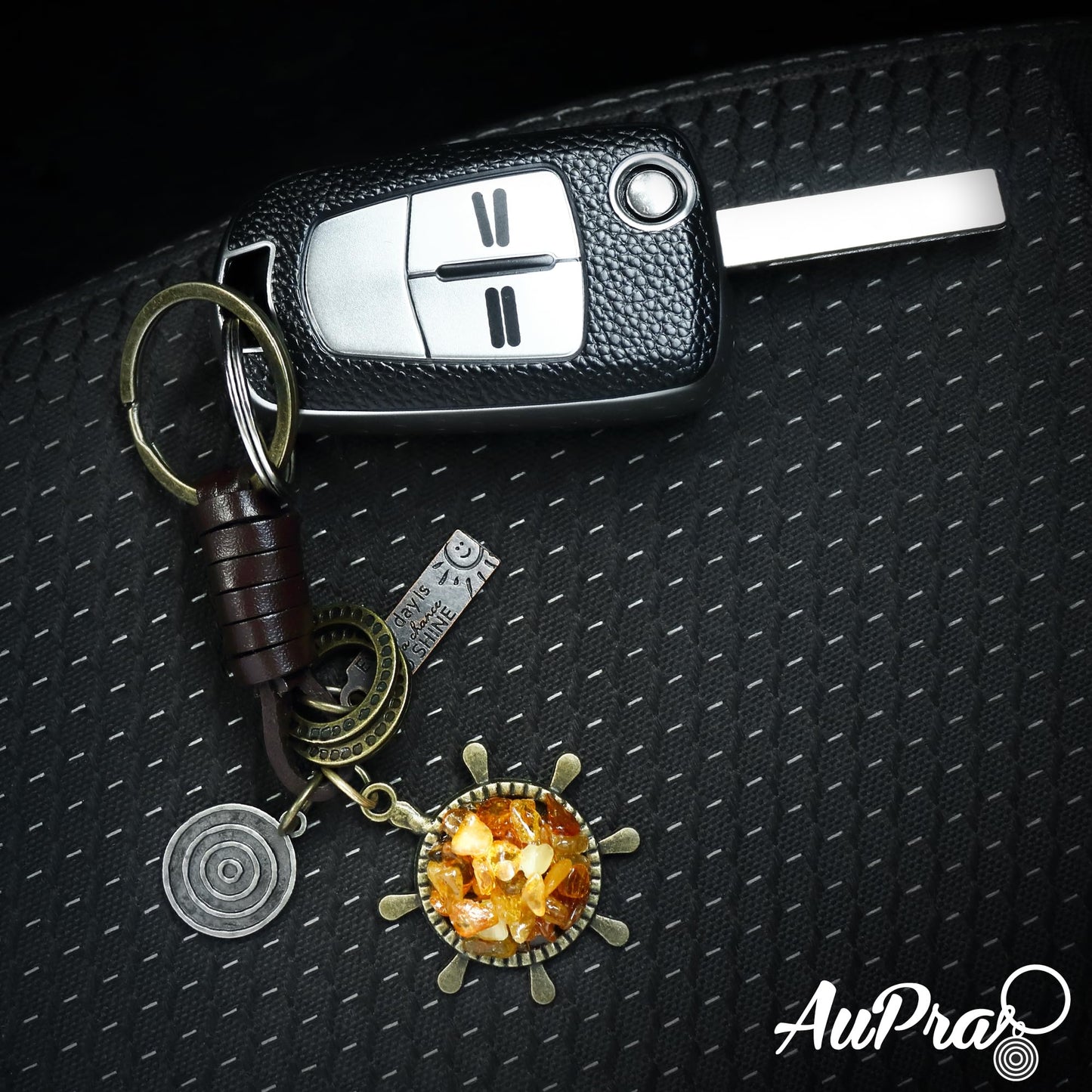 Amber Ship Wheel Keychain – Handmade Vintage Leather – Sailor Gift Keyring Charm-Amber-AuPra