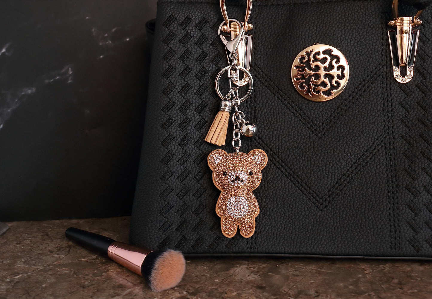 Teddy Bear Crystal Keychain – Velvet Sparkle Tassel Charm – Clip Bag Keyring Gift for Girls