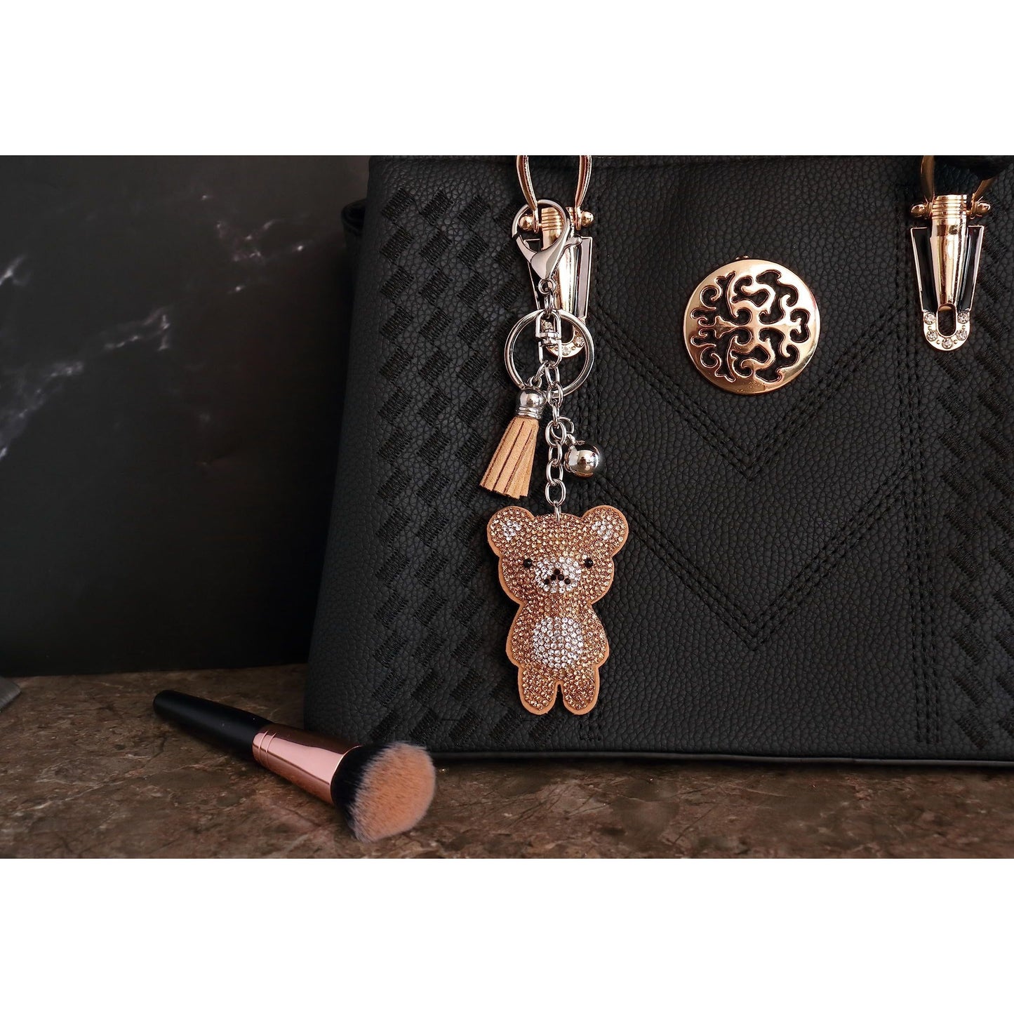 Teddy Bear Crystal Keychain – Velvet Sparkle Tassel Charm – Clip Bag Keyring Gift for Girls-AuPra