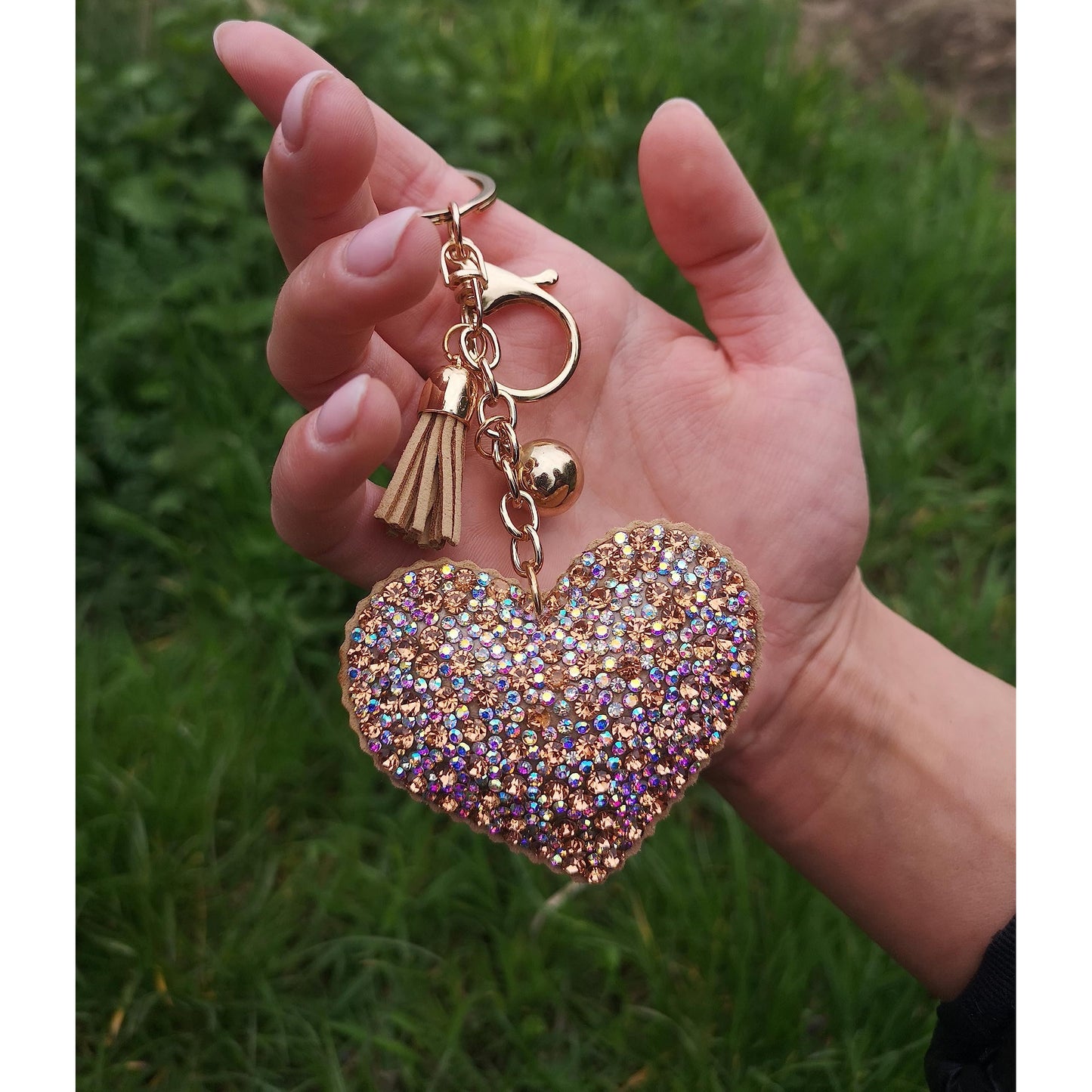 Heart Crystal Keychain – Velvet Sparkle Tassel Charm – Clip Bag Keyring Gift for Girls-AuPra