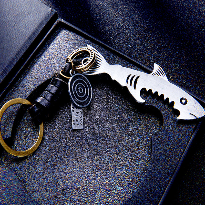 Shark Bottle Opener Keychain – Handmade Vintage Leather – Fisherman Gift Keyring-AuPra