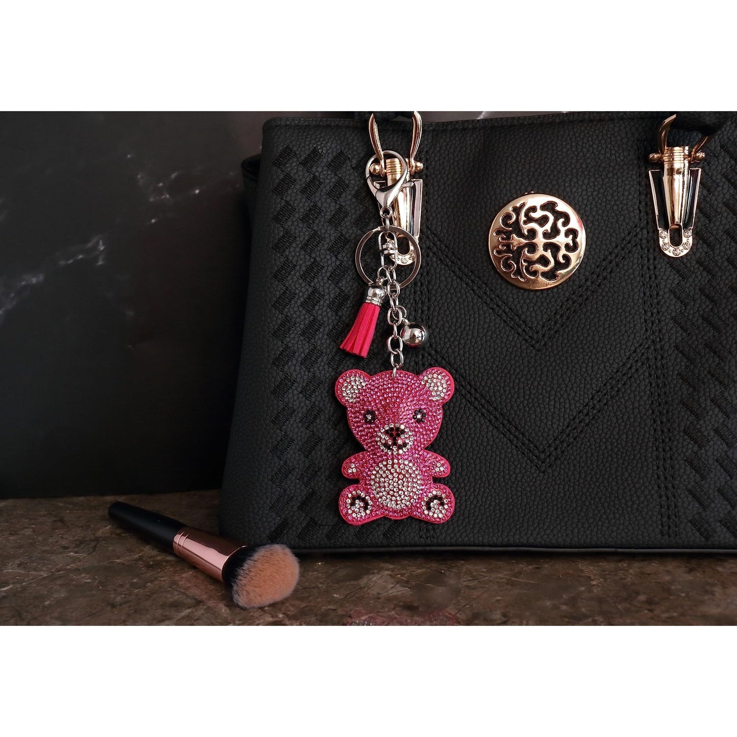 Teddy Bear Crystal Keychain – Velvet Sparkle Tassel Charm – Clip Bag Keyring Gift for Girls-AuPra