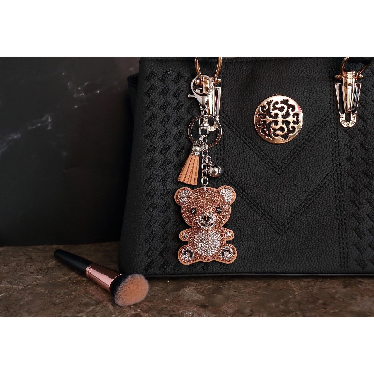 Teddy Bear Crystal Keychain – Velvet Sparkle Tassel Charm – Clip Bag Keyring Gift for Girls-AuPra