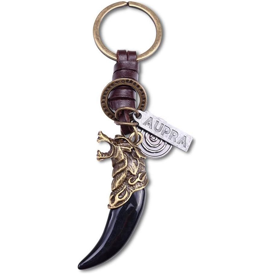 Wolf Fang Keychain Charm – Handmade Vintage Leather – Wolf Lover Gift Keyring-AuPra