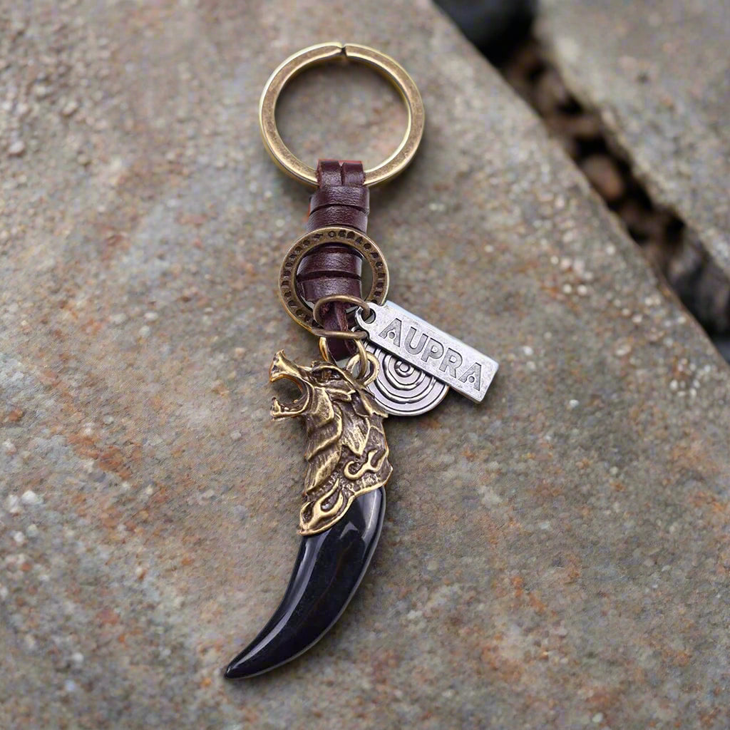 Wolf Fang Keychain Charm – Handmade Vintage Leather – Wolf Lover Gift Keyring-AuPra
