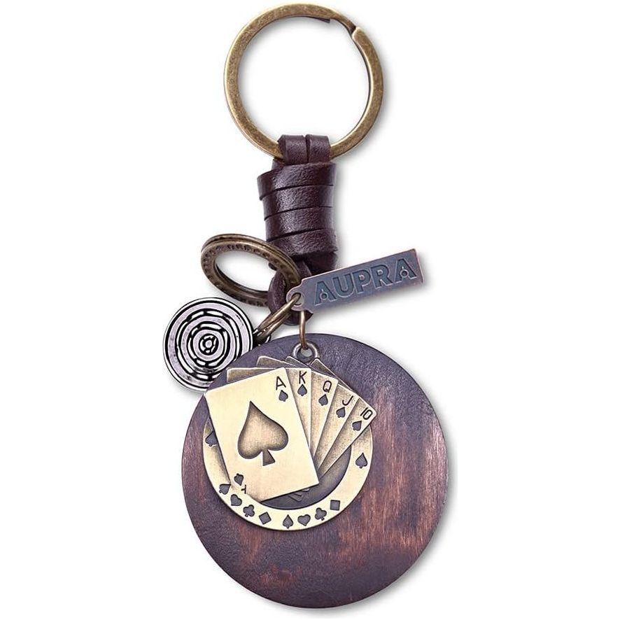 Poker Cards Keychain Charm – Handmade Vintage Leather – Casino Gift Keyring Charm-AuPra