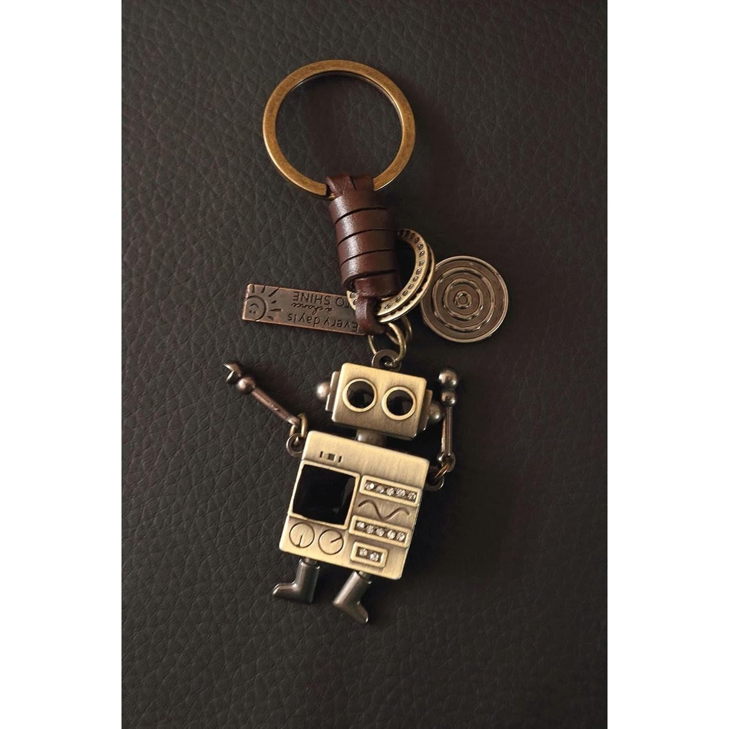 3D Robot Keychain Charm – Handmade Vintage Leather – Funny Gift Keyring-AuPra