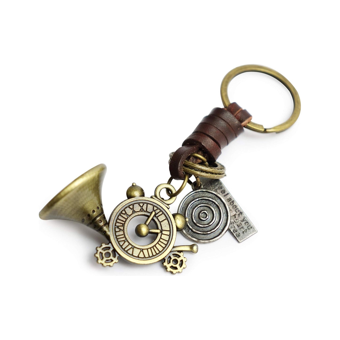 3D French Horn Keychain Gift – Handmade Vintage Leather – Clock Charm Keyring-AuPra