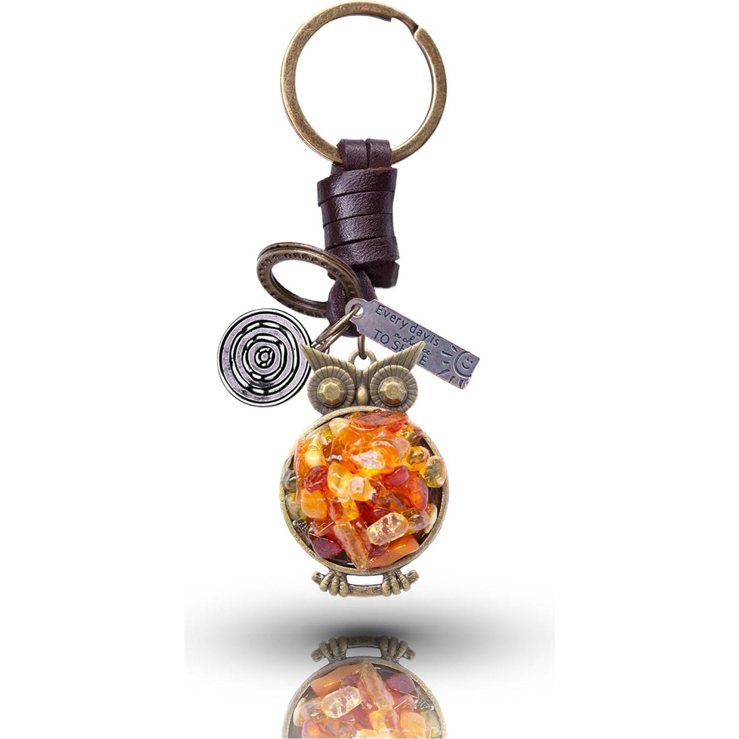 Amber Owl Keychain Charm – Handmade Vintage Leather – Bird Lover Gift Keyring-AuPra