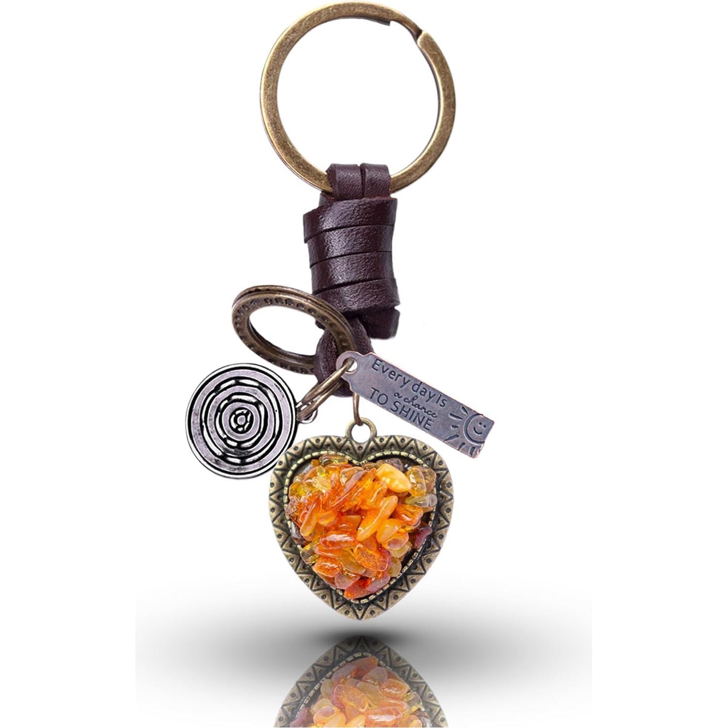 Amber Heart Keychain Charm – Handmade Vintage Leather – Valentine Love Gift Keyring-AuPra