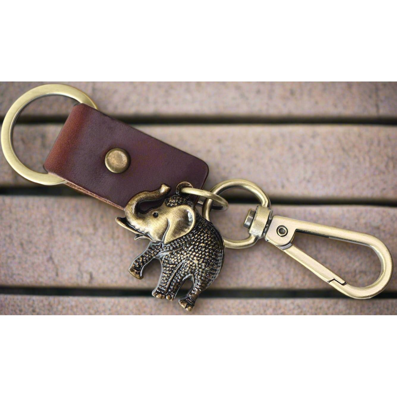 Elephant Keychain Gift – Handmade Vintage Leather – Good Luck Keyring Charm-AuPra