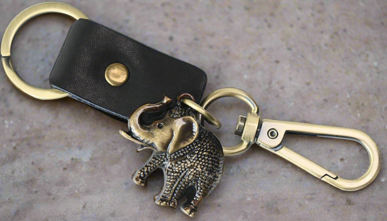 AuPra Elephant KeyChain Gift Women & Men Black Leather KeyRing Home Car Keys Holder Ladies Good Luck Present
