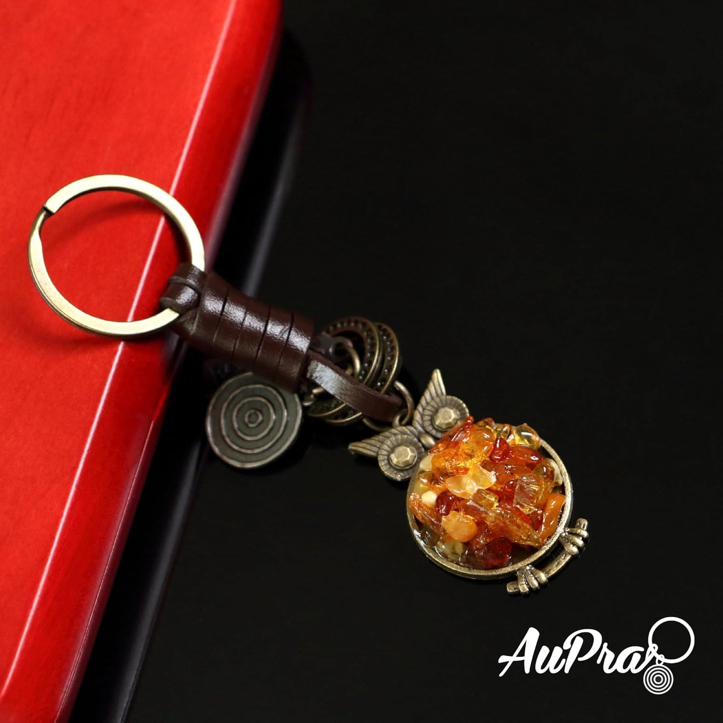 Amber Owl Keychain Charm – Handmade Vintage Leather – Bird Lover Gift Keyring-AuPra
