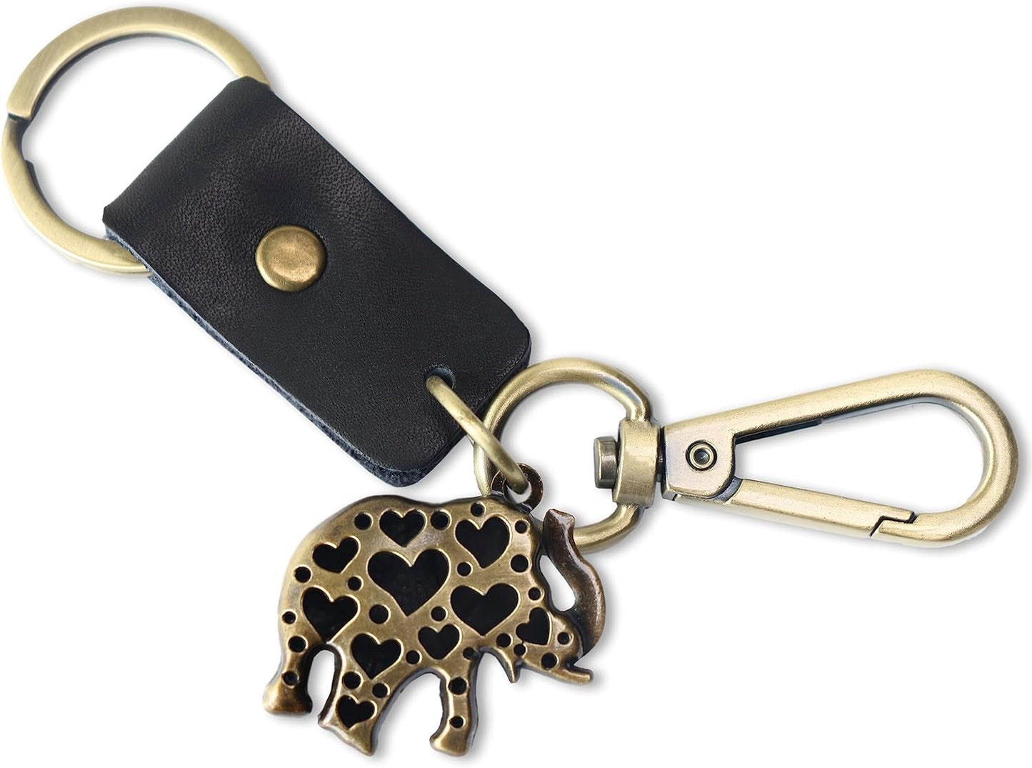 AuPra Elephant KeyChain Gift Women & Men Black Leather KeyRing Home Car Keys Holder Ladies Good Luck Present