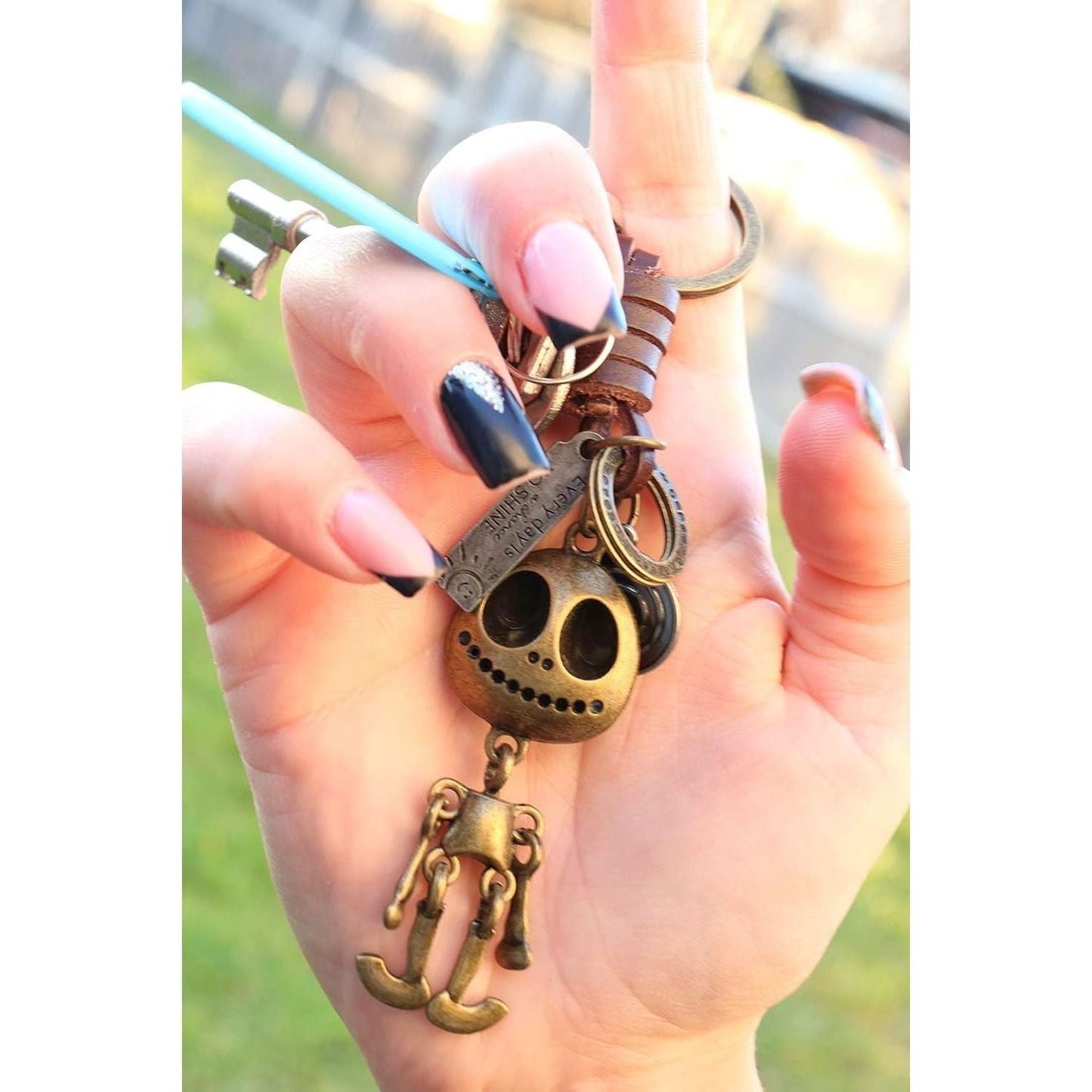3D Skull Keychain Charm – Handmade Vintage Leather – Skeleton Keyring Halloween Gift-AuPra