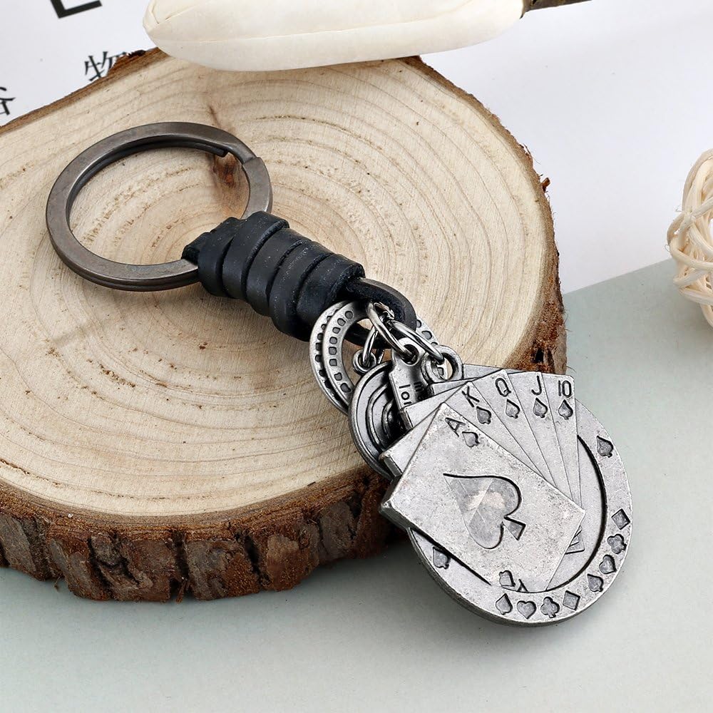Poker Cards Keychain Charm – Handmade Vintage Leather – Casino Gift Keyring Charm-AuPra