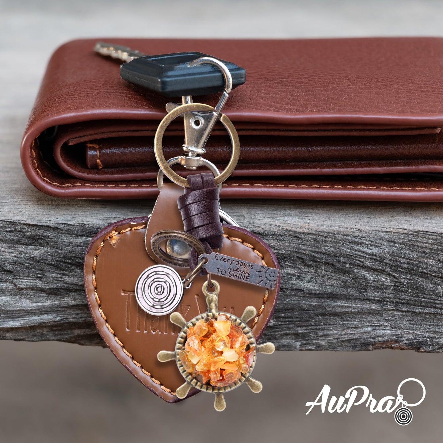 Amber Ship Wheel Keychain – Handmade Vintage Leather – Sailor Gift Keyring Charm-Amber-AuPra