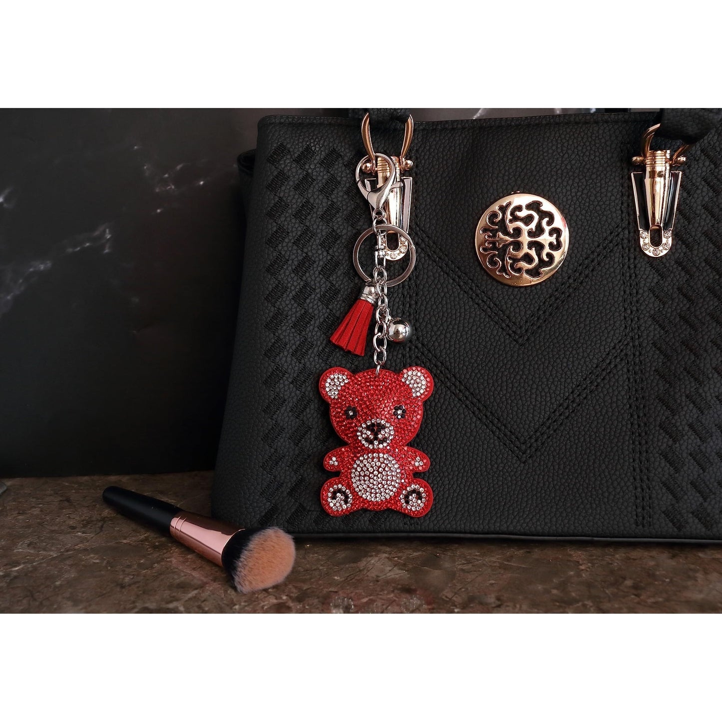 Teddy Bear Crystal Keychain – Velvet Sparkle Tassel Charm – Clip Bag Keyring Gift for Girls-AuPra