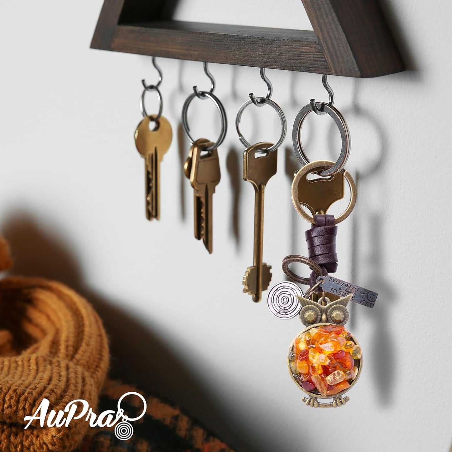 Amber Owl Keychain Charm – Handmade Vintage Leather – Bird Lover Gift Keyring-AuPra