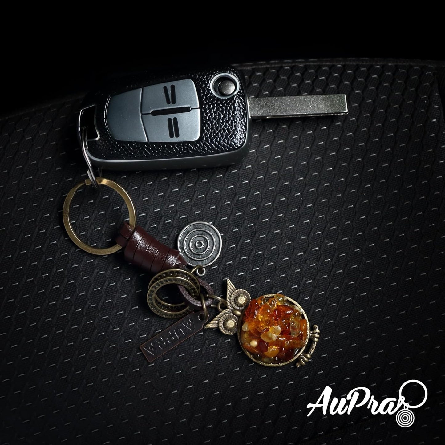 Amber Owl Keychain Charm – Handmade Vintage Leather – Bird Lover Gift Keyring-AuPra