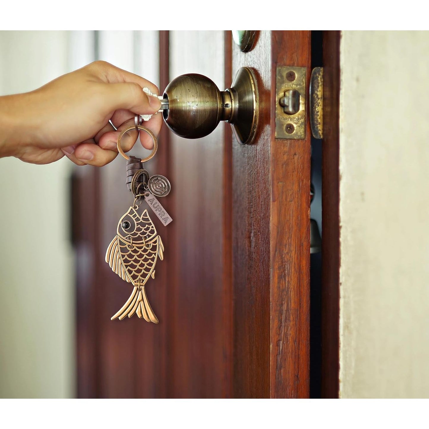 Golden Fish Keychain Charm – Handmade Vintage Leather – Good Luck Gift Keyring-AuPra