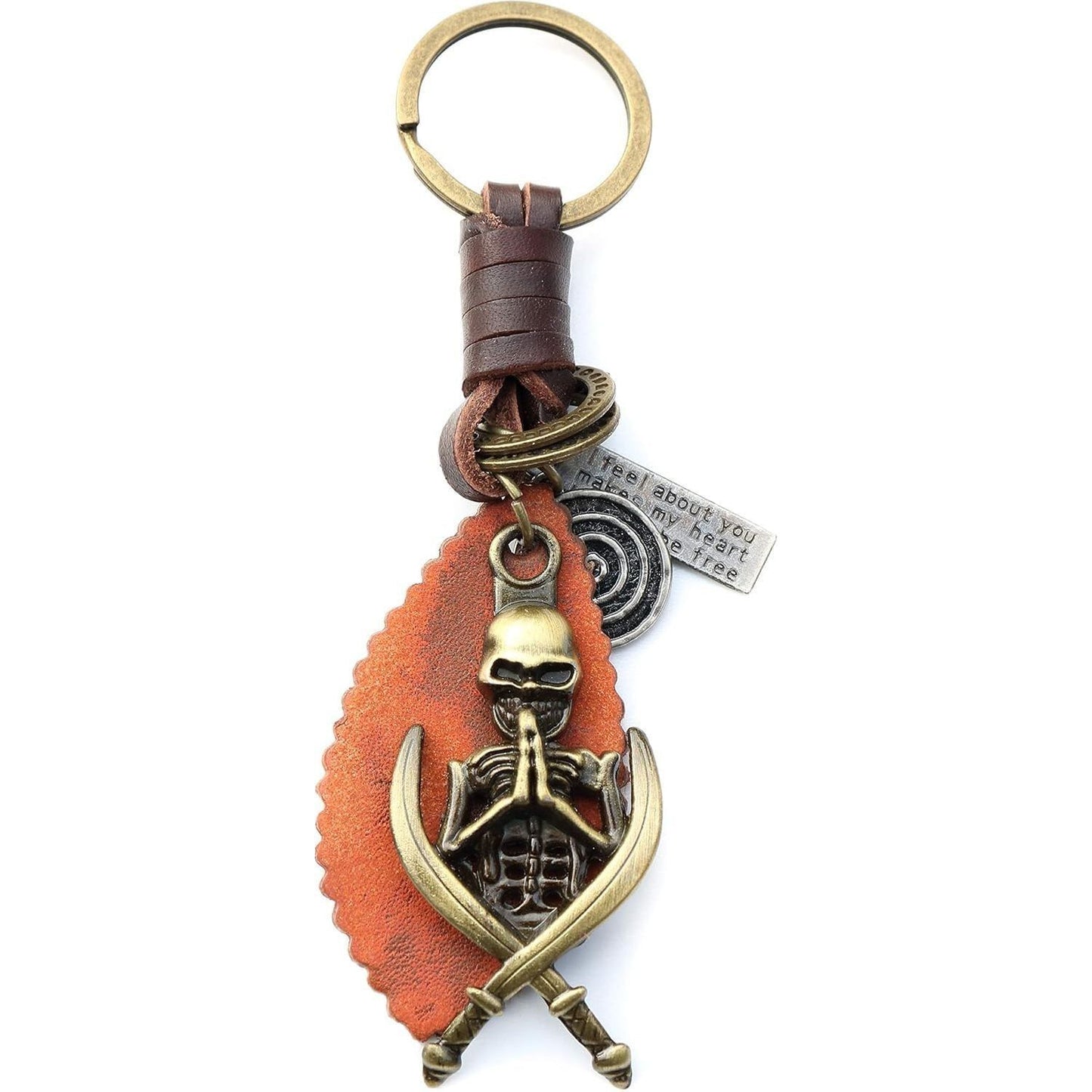 Skull Keychain Charm – Handmade Vintage Leather – Skeleton Keyring Halloween Gift-AuPra