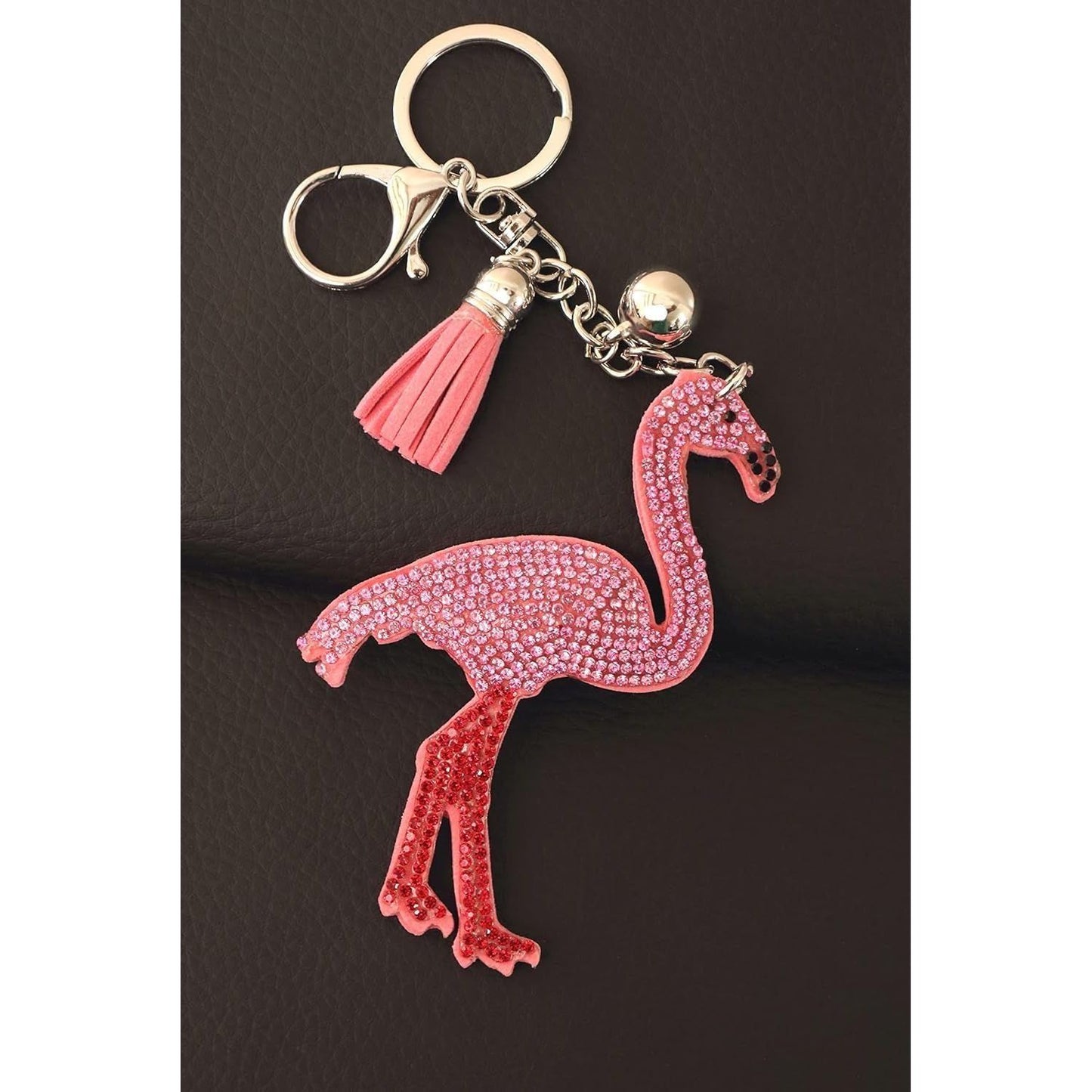 Pink Flamingo Crystal Keychain – Velvet Sparkle Tassel Charm – Clip Bag Keyring Gift for Girls-AuPra