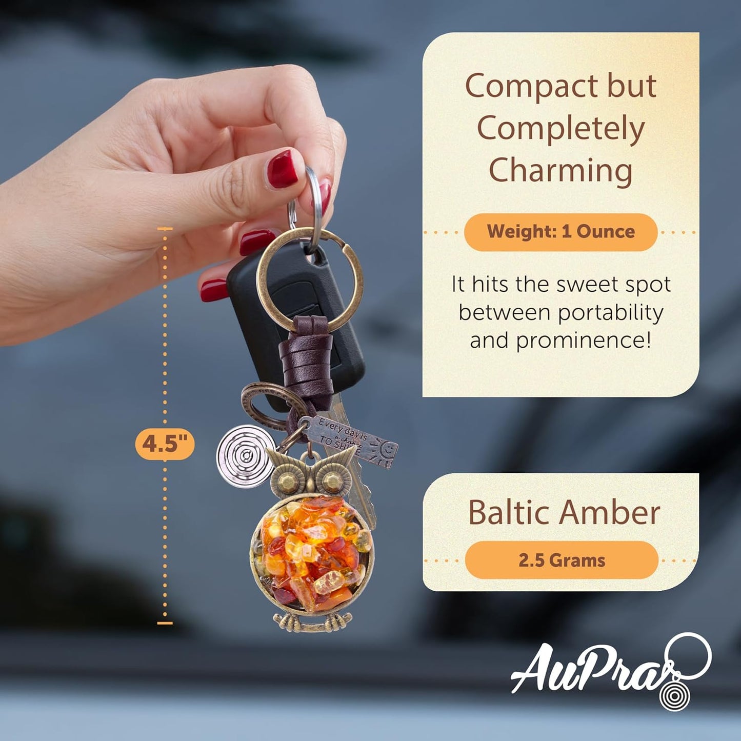 Amber Owl Keychain Charm – Handmade Vintage Leather – Bird Lover Gift Keyring-AuPra
