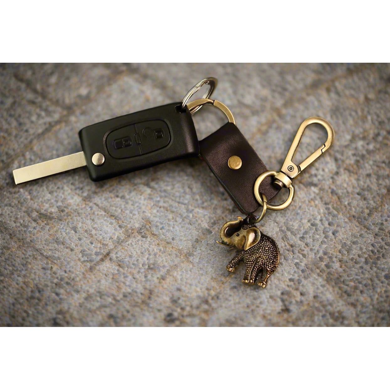 Elephant Keychain Gift – Handmade Vintage Leather – Good Luck Keyring Charm-AuPra