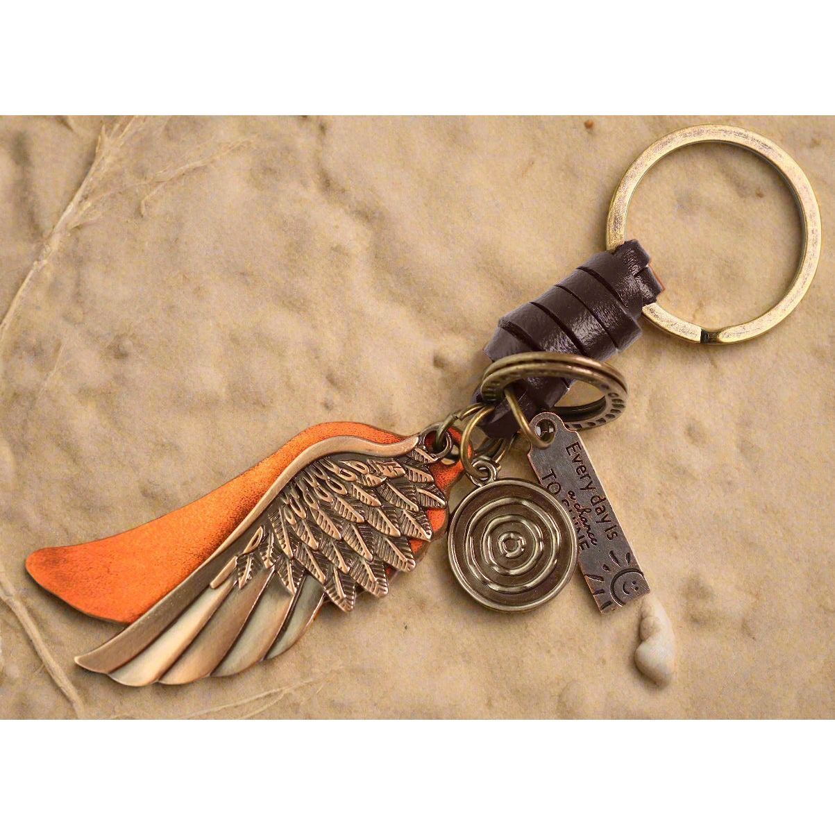Angel Wing Keychain Charm – Handmade Vintage Leather – Guardian Angel Gift Keyring-AuPra