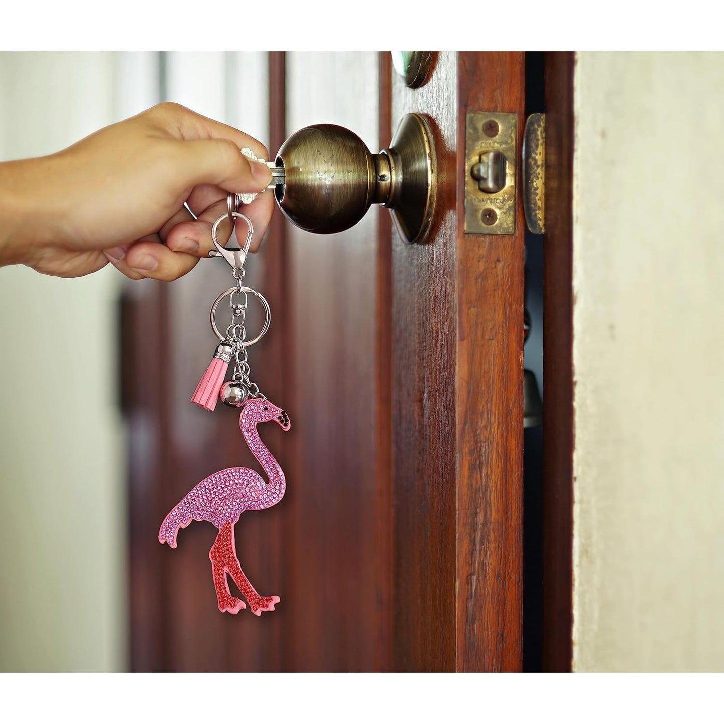 Pink Flamingo Crystal Keychain – Velvet Sparkle Tassel Charm – Clip Bag Keyring Gift for Girls-AuPra