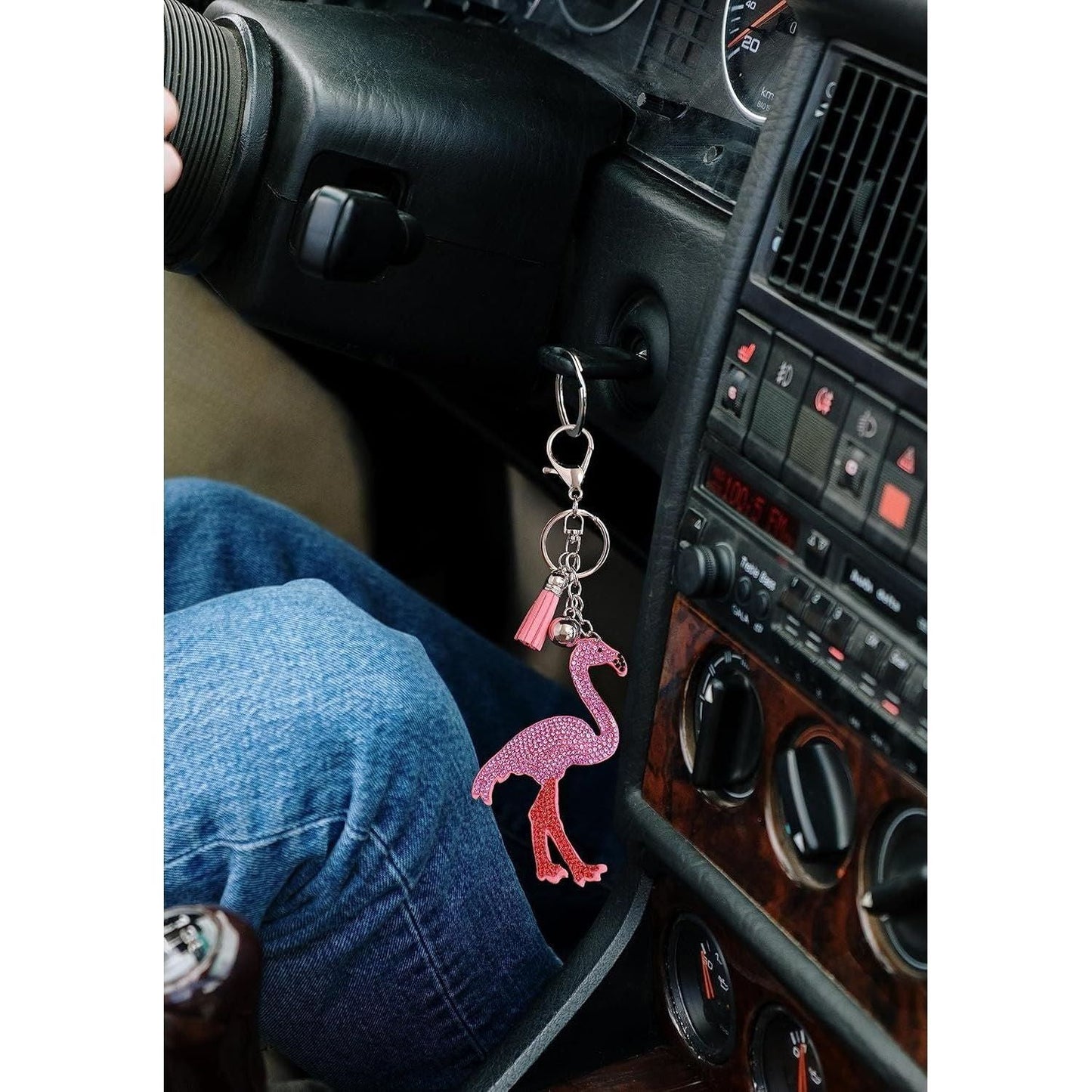 Pink Flamingo Crystal Keychain – Velvet Sparkle Tassel Charm – Clip Bag Keyring Gift for Girls-AuPra