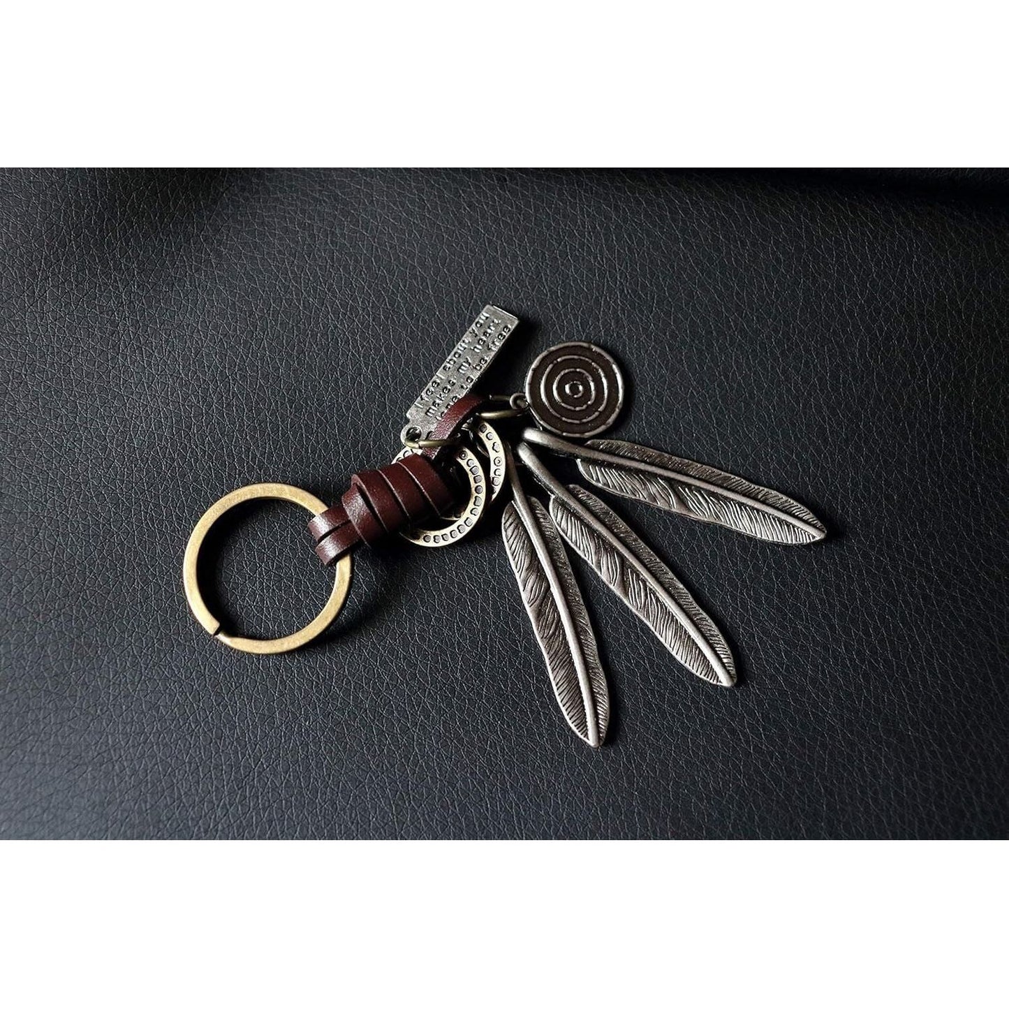 Feathers Keychain Charm – Handmade Vintage Leather – Boho Gift Keyring-AuPra