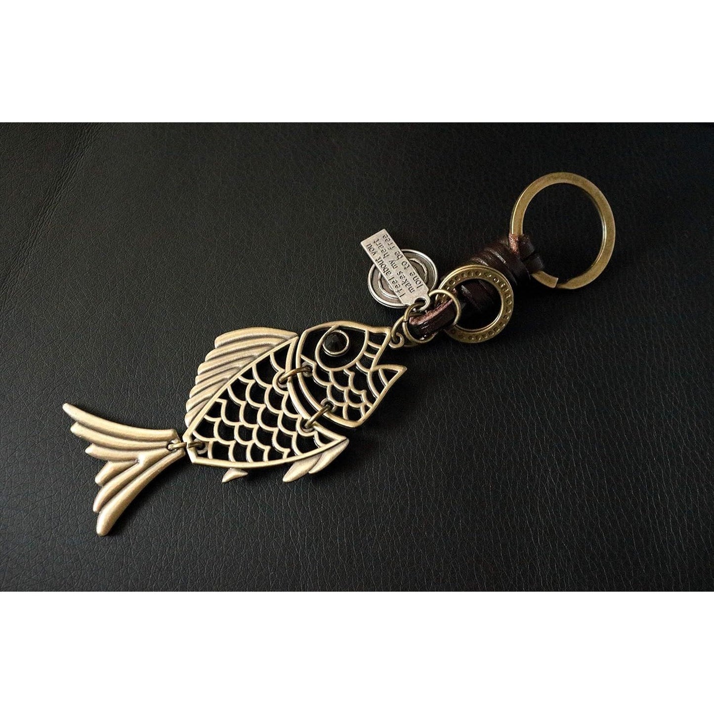 Golden Fish Keychain Charm – Handmade Vintage Leather – Good Luck Gift Keyring-AuPra