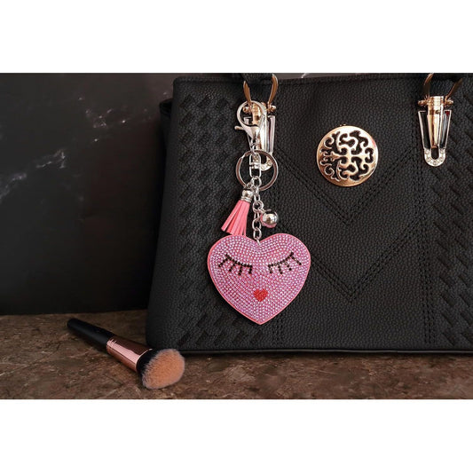 Eyelashes Heart Crystal Keychain – Velvet Sparkle Tassel Charm – Clip Bag Keyring Gift for Girls-AuPra