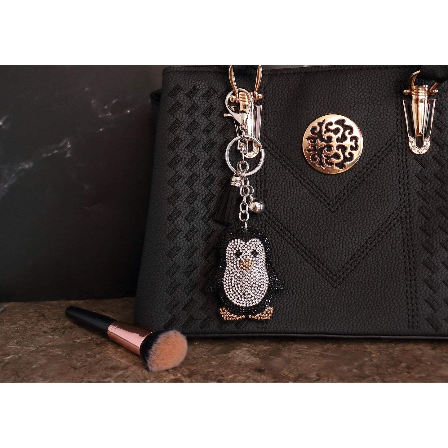 Penguin Crystal Keychain – Velvet Sparkle Tassel Charm – Clip Bag Keyring Gift for Girls-AuPra