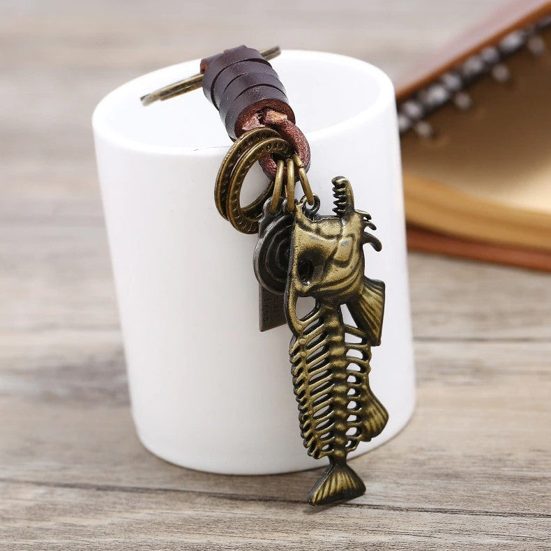 Fish Skeleton Keychain Gift – Handmade Vintage Leather – Unique Keyring Charm-AuPra