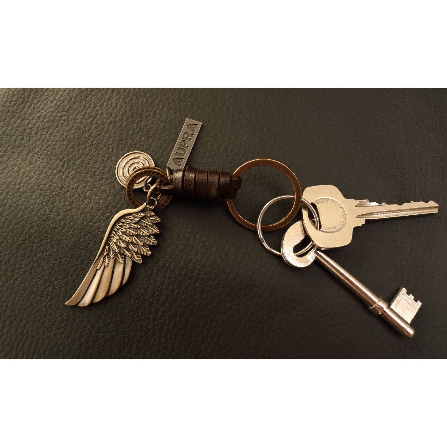 Angel Wing Keychain Charm – Handmade Vintage Leather – Guardian Angel Gift Keyring-AuPra