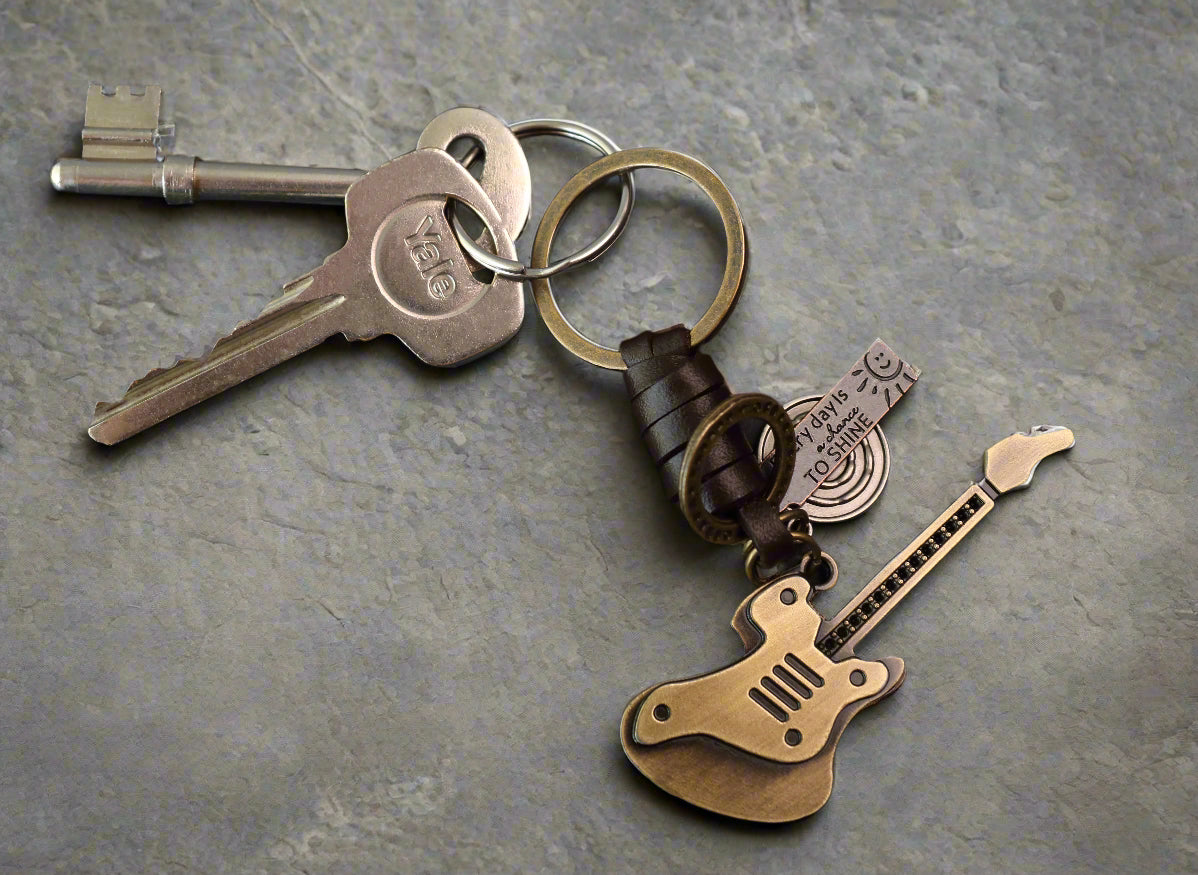 Electric Guitar Keychain Charm – Handmade Vintage Leather – Musical Gift Keyring
