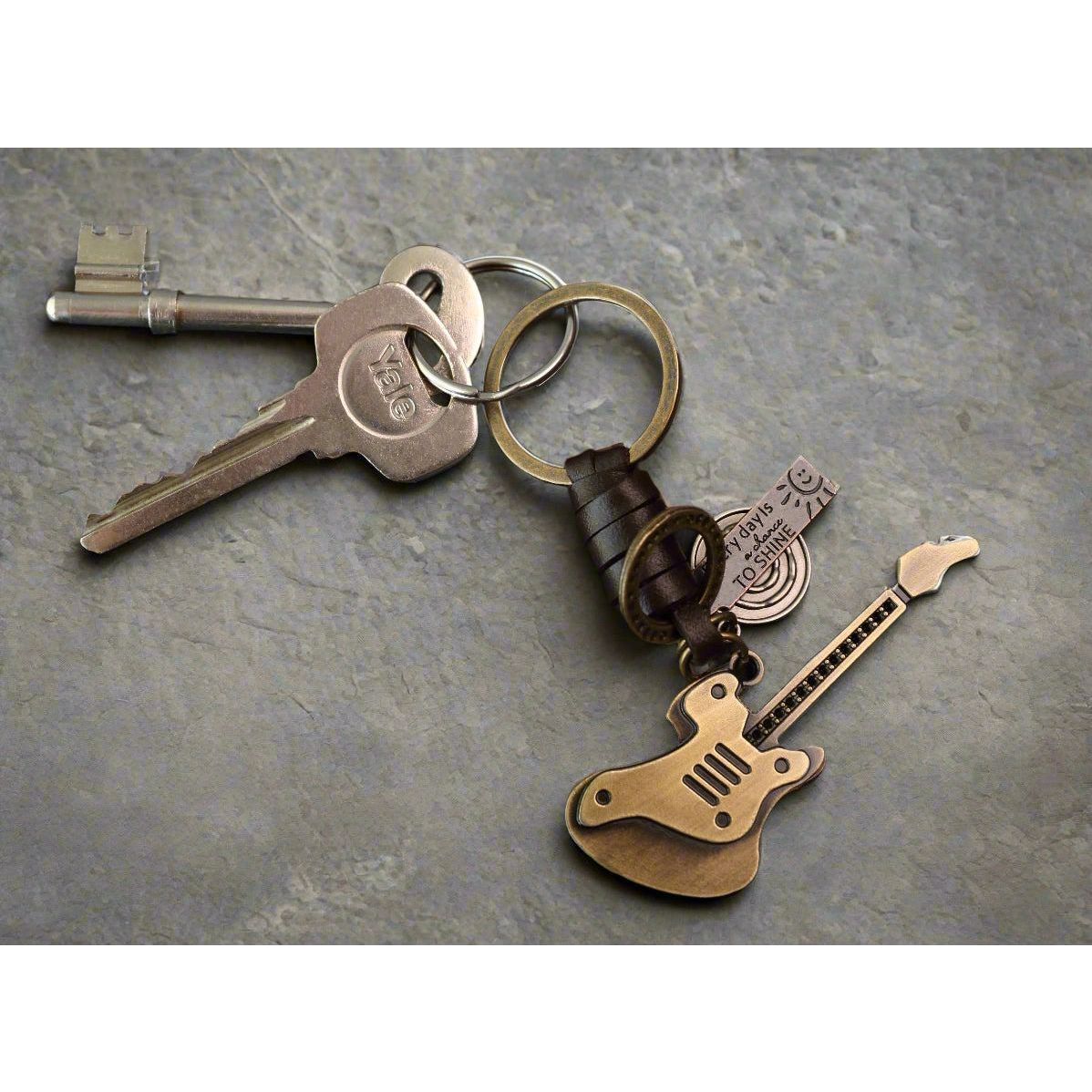 Electric Guitar Keychain Charm – Handmade Vintage Leather – Musical Gift Keyring-AuPra