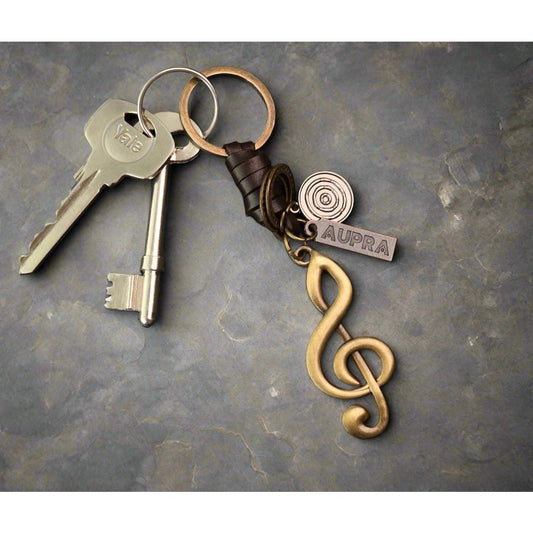 Treble Clef Keychain Charm – Handmade Vintage Leather – Music Note Gift Keyring-AuPra