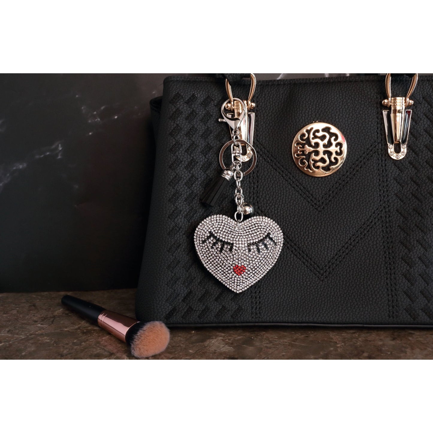 Eyelashes Heart Crystal Keychain – Velvet Sparkle Tassel Charm – Clip Bag Keyring Gift for Girls-AuPra