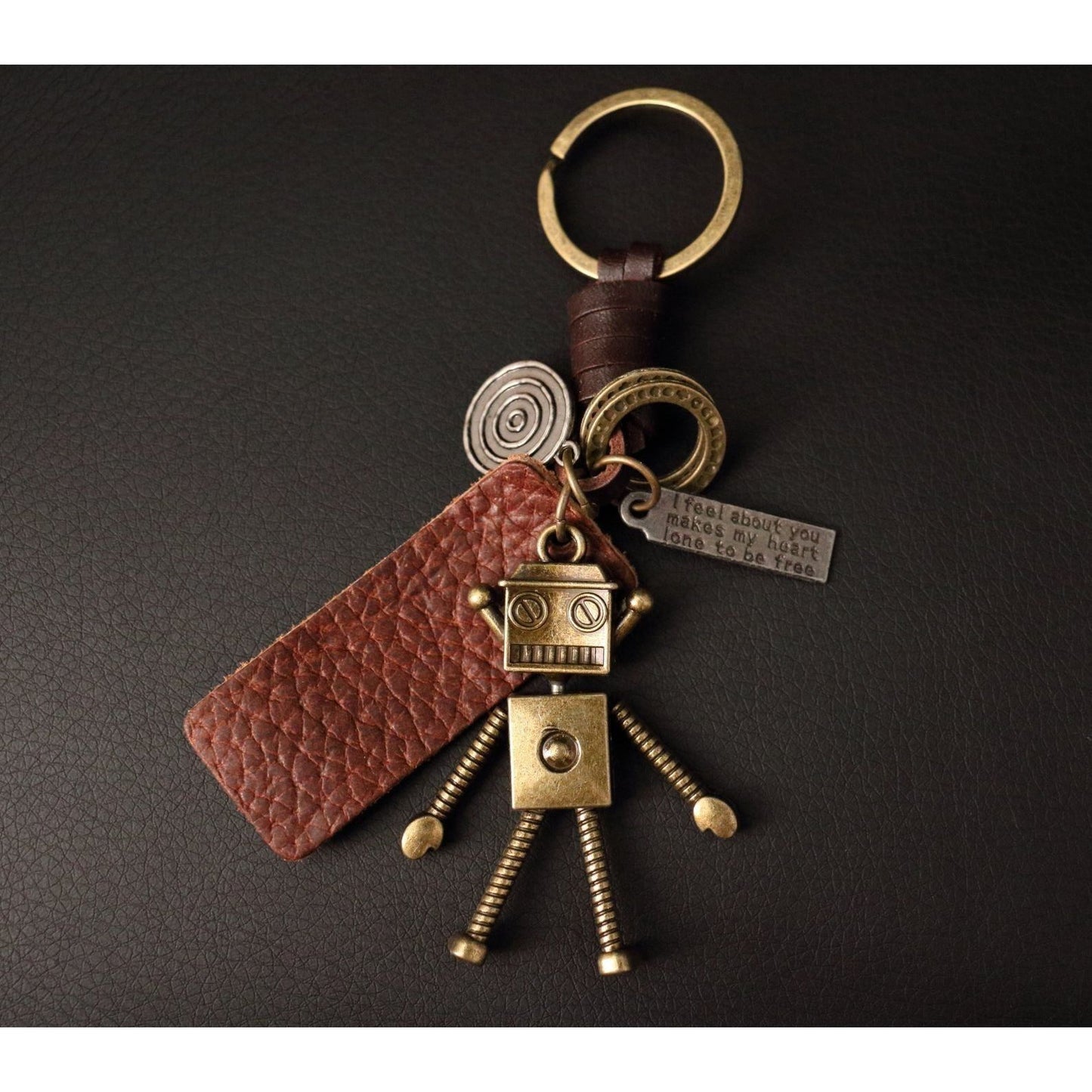 3D Robot Keychain – Handmade Vintage Leather – Funny Gift Keyring Charm-AuPra