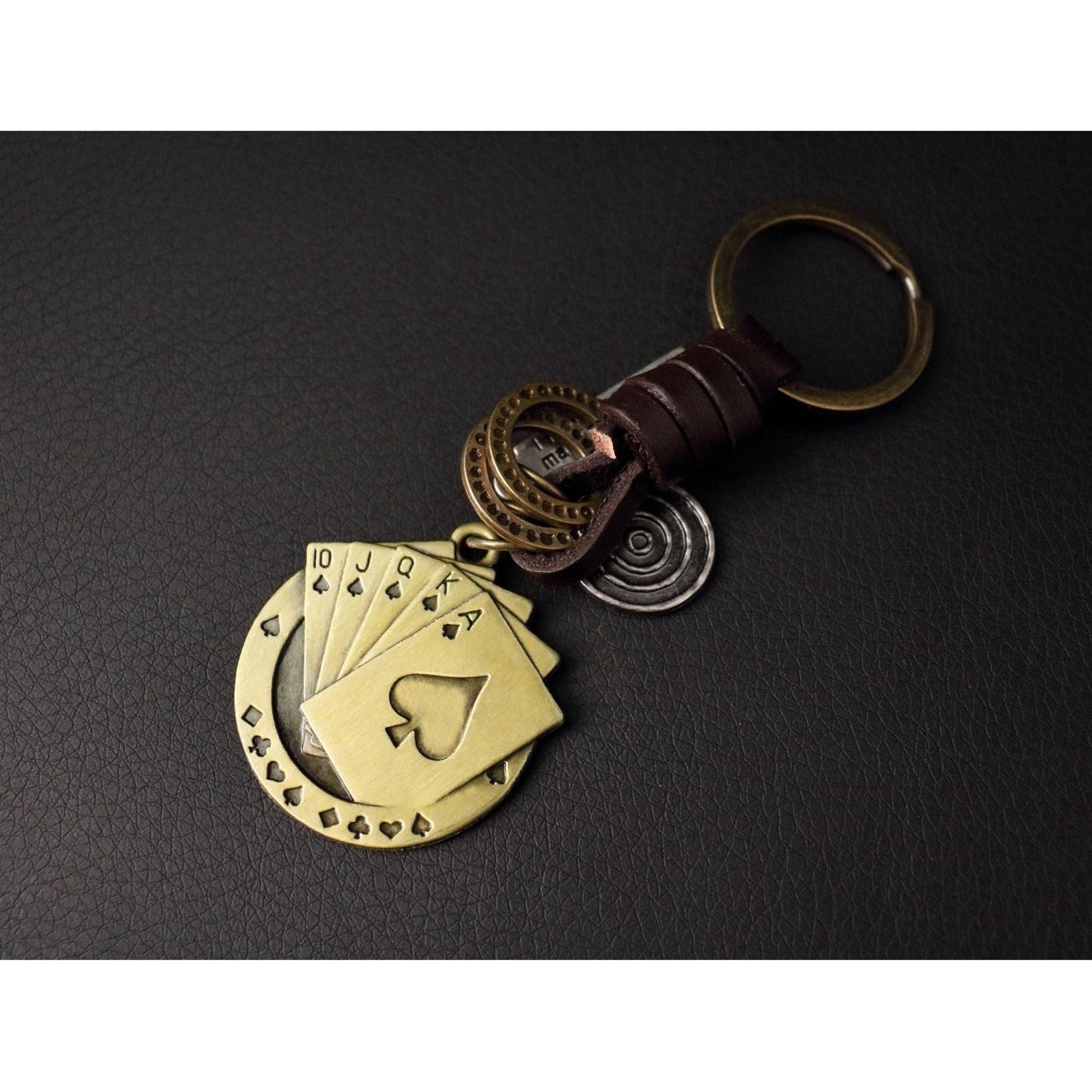 Poker Cards Keychain Charm – Handmade Vintage Leather – Lucky Casino Gift Keyring-AuPra