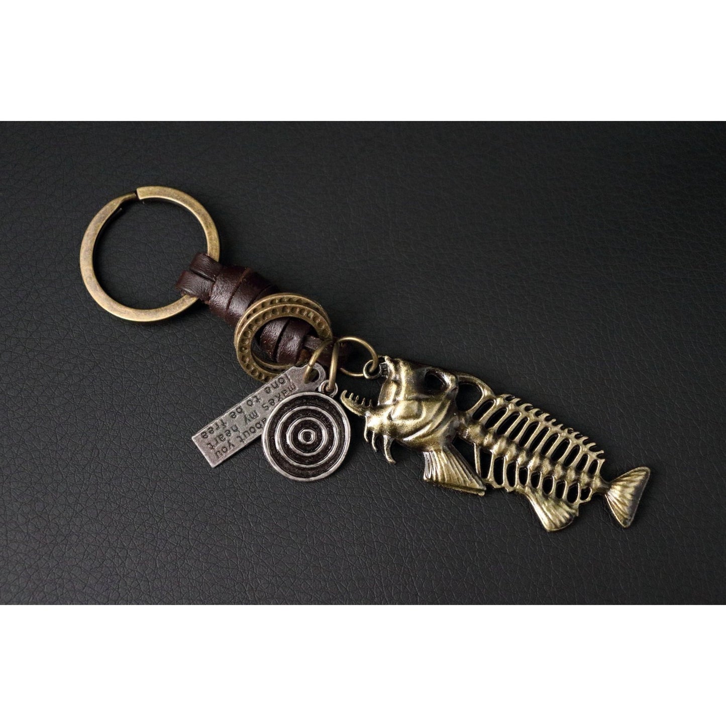 Fish Skeleton Keychain Gift – Handmade Vintage Leather – Unique Keyring Charm-AuPra