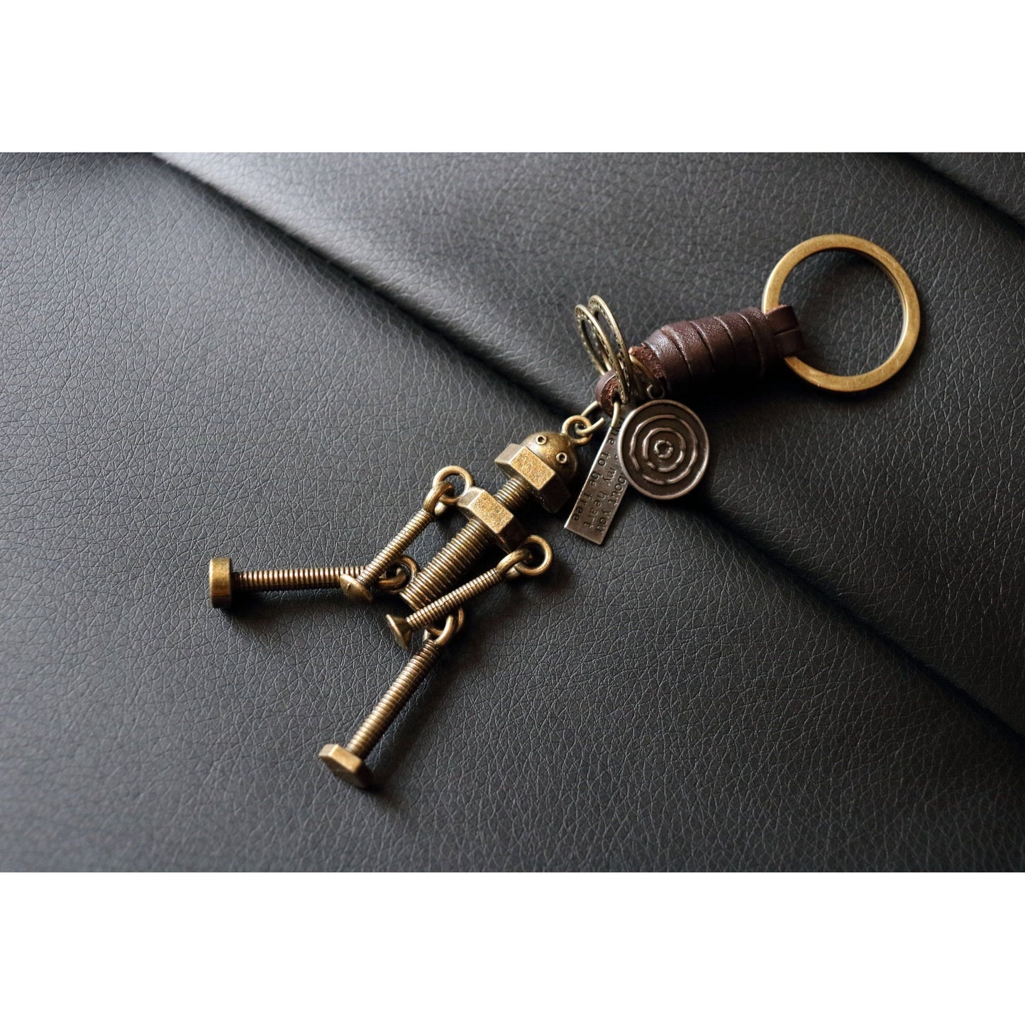 3D Screw Bolt Robot Keychain – Handmade Vintage Leather – Funny Gift Keyring Charm-AuPra