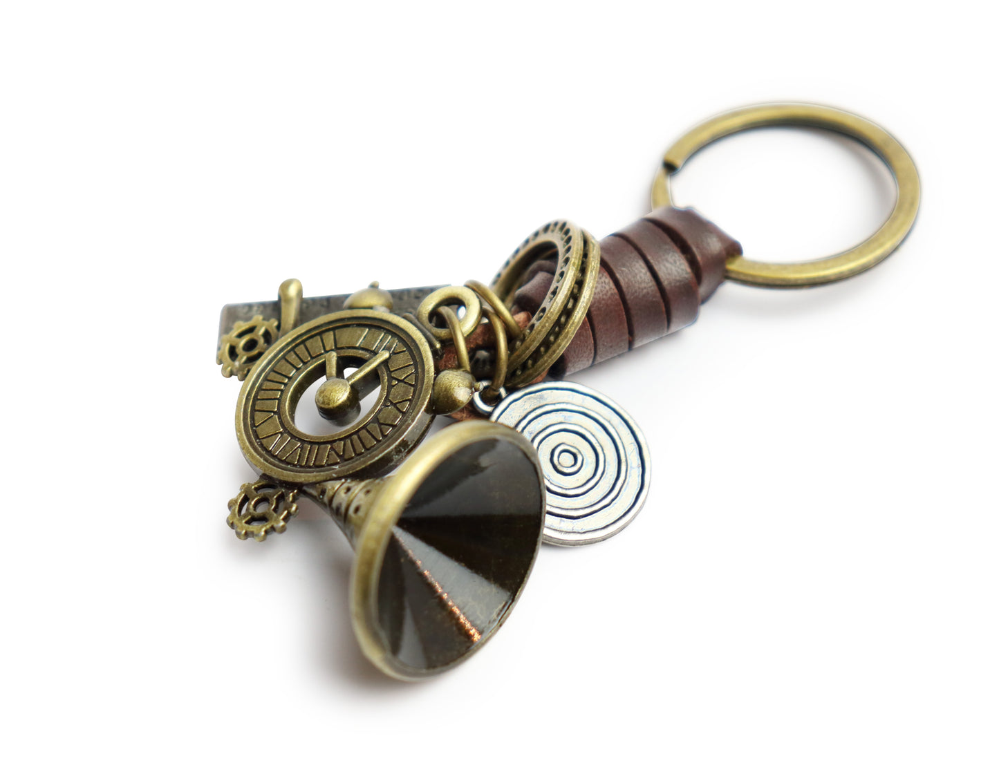 3D French Horn Keychain Gift – Handmade Vintage Leather – Clock Charm Keyring