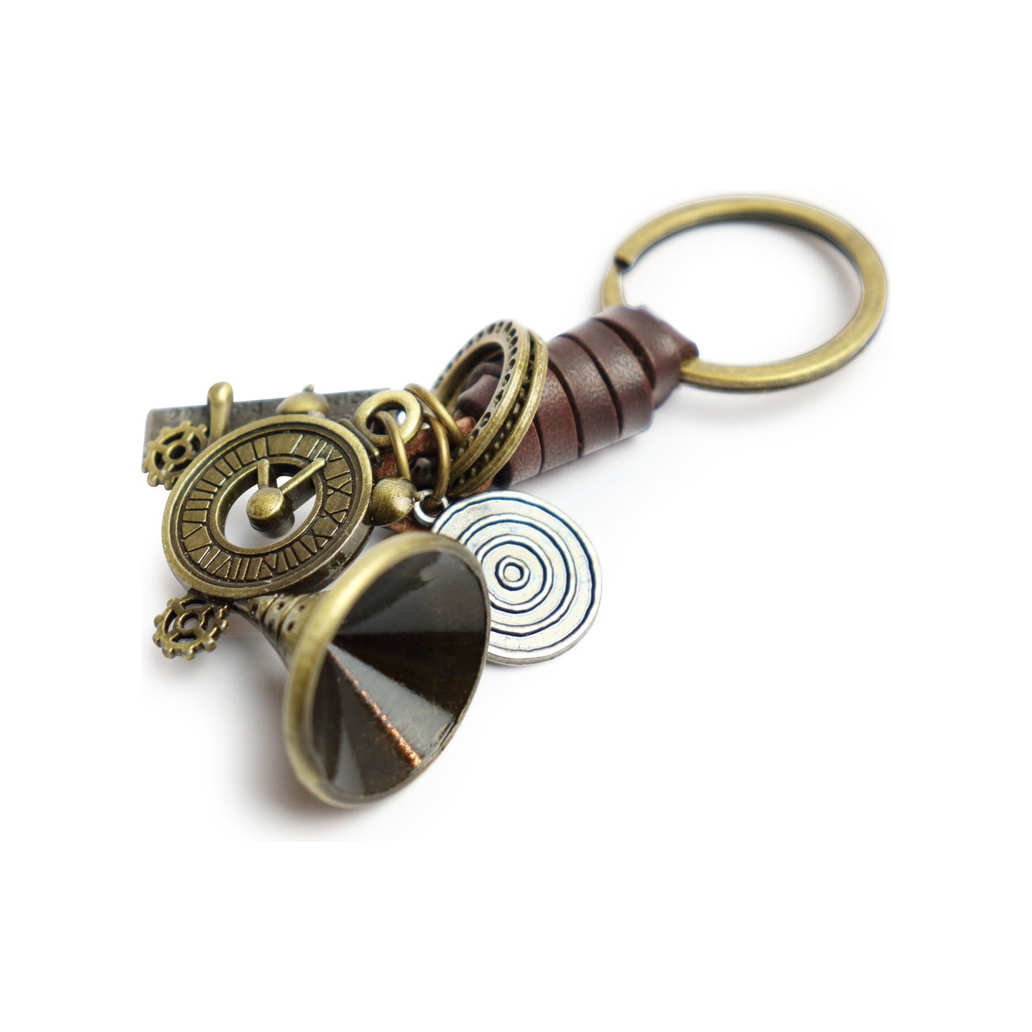 3D French Horn Keychain Gift – Handmade Vintage Leather – Clock Charm Keyring-AuPra