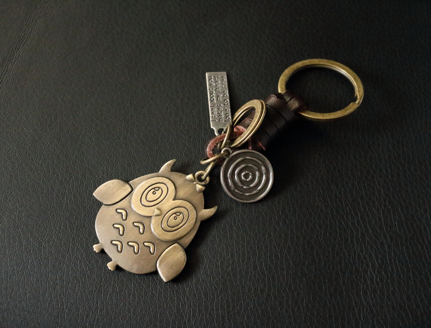Owl Keychain Charm – Handmade Vintage Leather – Bird Gift Keyring