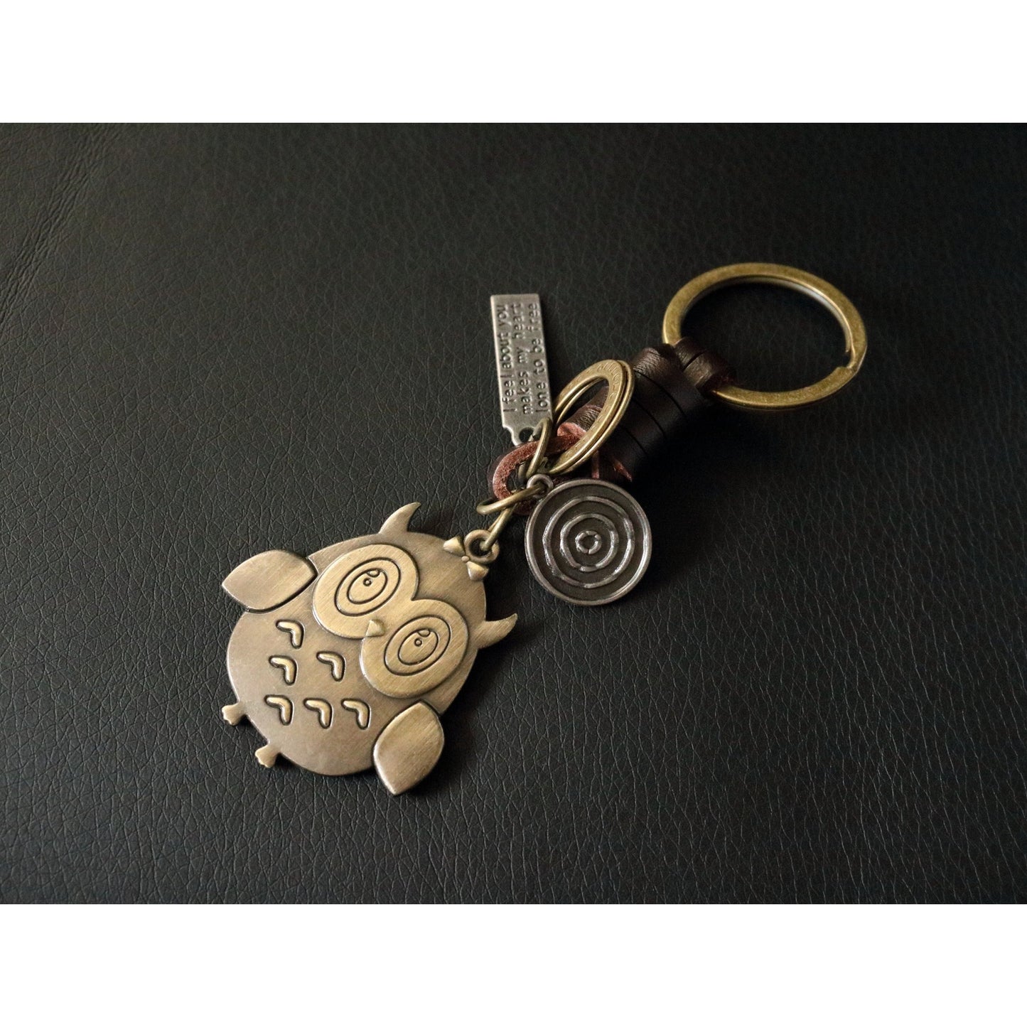 Owl Keychain Charm – Handmade Vintage Leather – Bird Gift Keyring-AuPra